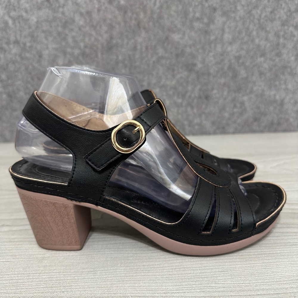 SHIBEVER Black Strappy Wedge Sandals Women's Size 39 Gold‎ Buckle Accent